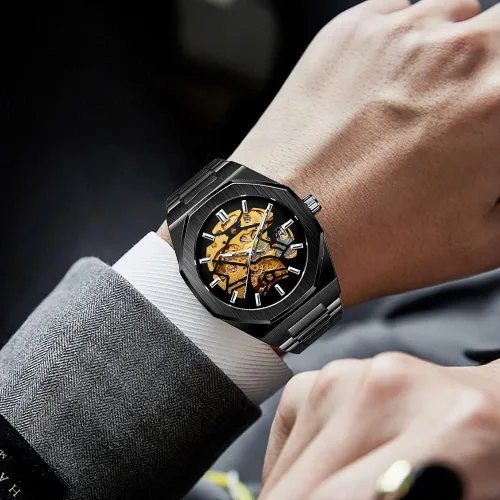 Vista 3 de Tiong Reloj de pulsera mecánico de acero inoxidable de esqueleto de lujo, resistente al agua, negro, automático, para hombre