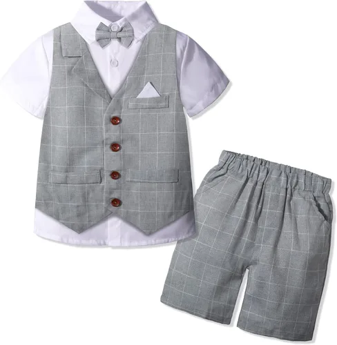 Vista 2 de Conjunto de ropa de verano para niño chaleco shorts camisa y moño traje formal de 4 piezas