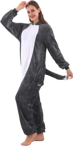 Vista 7 de Pijama de una pieza para adultos, disfraz de dibujos animados de animales para mujeres y hombres, cosplay, Halloween, lobo