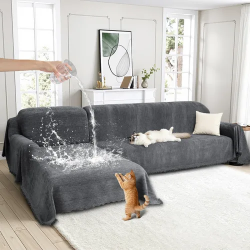 Vista 12 de juego de fundas 100% impermeables para sofá modular para perros de felpilla en forma de L, juego de manta para sofá con borlas, funda deslizante