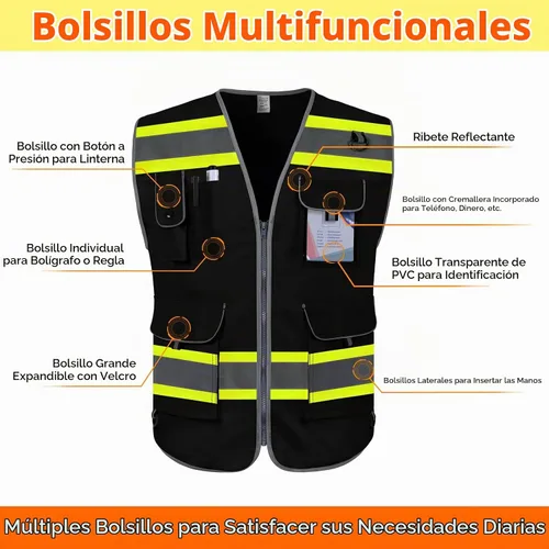 Vista 3 de TCCFCCT Chaleco de alta visibilidad con 9 bolsillos Hi Vis, chaleco de seguridad reflectante para hombres y mujeres, chaleco de trabajo