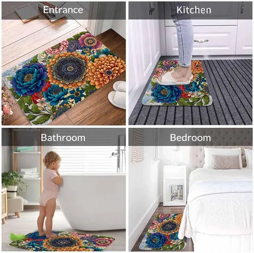 Vista 4 de Tapete de baño con flores abstractas para baño, diseño de peonía colorida, crisantemo, loto, magnífica, especial, tapete de baño, tapete de puerta