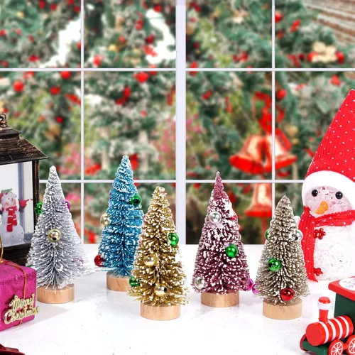 Vista 4 de Yookat 12 piezas de mini árboles de Navidad, mini árboles de sisal pequeños, mini pinos con base de madera, mini árboles de cepillo de botella