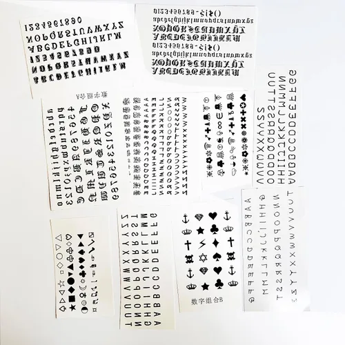 Vista 3 de 30 hojas de calcomanías temporales para tatuajes del alfabeto, tatuajes de dedos, letras negras en inglés, nombre de bricolaje, tatuajes de corona