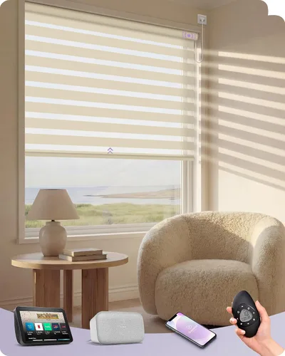 Vista 21 de Graywind Persianas motorizadas de cebra para ventanas, persianas inteligentes 100 % opacas con control remoto, persianas de cebra personalizadas