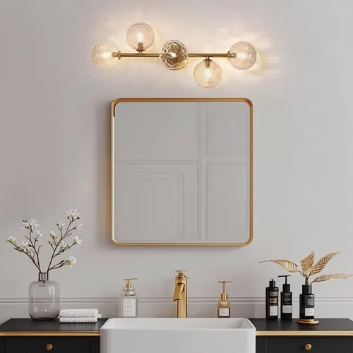 Vista 5 de Luminarias de Espejo de Tocador de Baño: Aplique de Pared de Baño Regulable de 5 Luces - Luces de Tocador de Latón Dorado con Pantalla de Vidrio