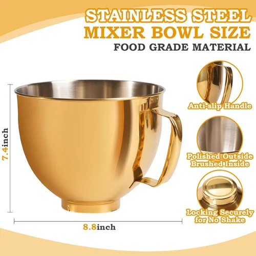 Vista 4 de KitchenAid - Tazón de mezcla de 5 cuartos de galón para batidoras de pie, tazón de acero inoxidable de grado alimenticio con mango y cierre, Dorado