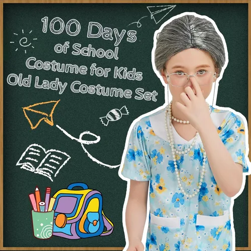 Vista 4 de Old Lady Costume for Kids - 100 Days of School Costume for Girls,Grandma Nightgown Granny Wig,Old Woman Costume Set