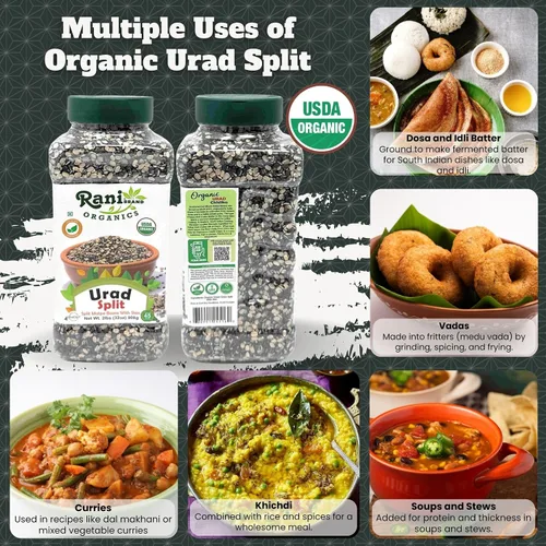 Vista 4 de Rani Organic Urid/Urad Split Chilka (frijoles mate divididos con piel) 32 onzas (2 libras) tarro de PET de 32.03 oz ~ Todo natural Apto