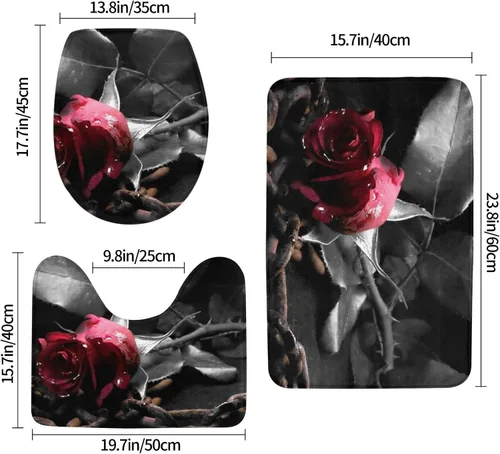 Vista 2 de FFEXS Juego de alfombras de baño de 3 piezas con estampado de rosas negras góticas, 1 alfombrilla rectangular para el suelo, 1 almohadilla de piso