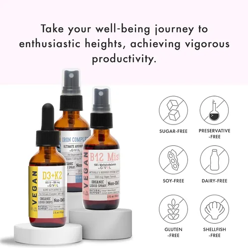 Vista 4 de Energy & Vitality Bundle - Trío de aerosol de vitaminas líquidas – B12 metilcobalamina, bisglicinato de hierro y D3 (Lichen) y K2 (MK4 y MK7), sin