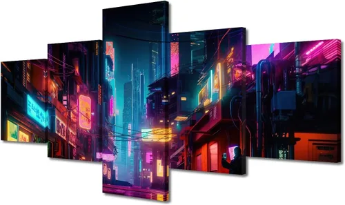 Vista 9 de Póster de 5 paneles en lienzo para decoración de pared, diseño de centro urbano Cyberpunk, impresión moderna, decoración de pared para el hogar
