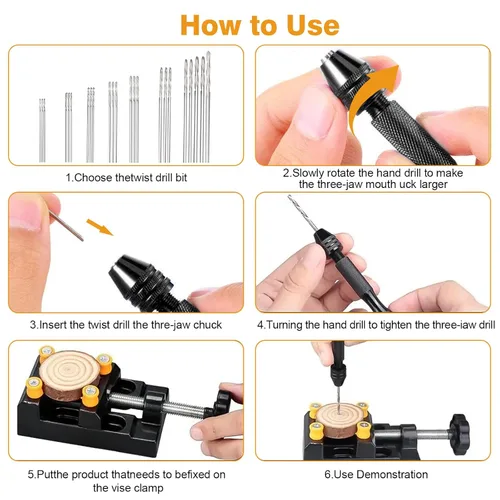 Vista 6 de Juego de 60 taladros manuales con tornillo de banco, micro mini brocas helicoidales, herramienta de tornillo de banco para resina y madera, joyería