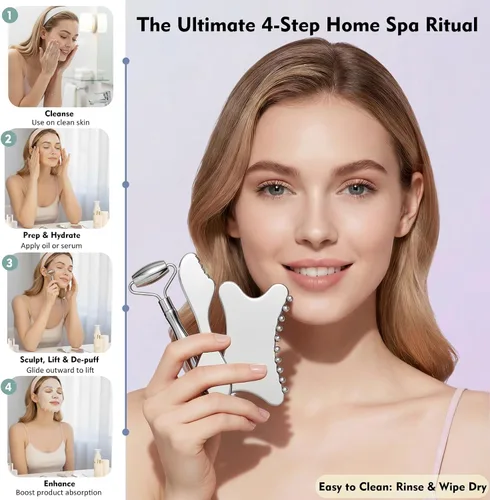 Vista 5 de Juego de rodillo facial de acero inoxidable 3 en 1 y Gua Sha – Herramientas de masaje facial de enfriamiento para esculpir, deshinchar y definir