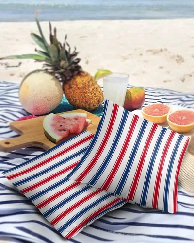 Vista 3 de Juego de 2 fundas de almohada impermeables para sofá, fundas de almohada decorativas de líneas rojas y azules a rayas de 18 x 18 pulgadas