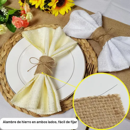 Vista 3 de Juego de 200 servilleteros de arpillera natural con cuerda de yute, servilletas desechables a granel, anillo rústico para mesas, decoraciones