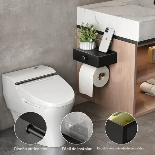 Vista 3 de VOLDRA Soporte de papel higiénico con estante negro dispensador de toallitas para baño Soporte de papel higiénico con cajón de diseño