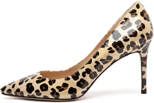Vista 3 de Castamere Zapatos de tacón alto básicos para mujer, sin cordones, puntiagudos, tacón de aguja de 3.3 in charol leopardo beige