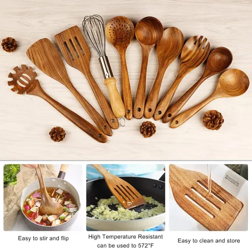 Vista 4 de 11 cucharas de madera para cocinar, utensilios de madera de teca natural para cocinar, juego de utensilios de cocina de madera antiadherente