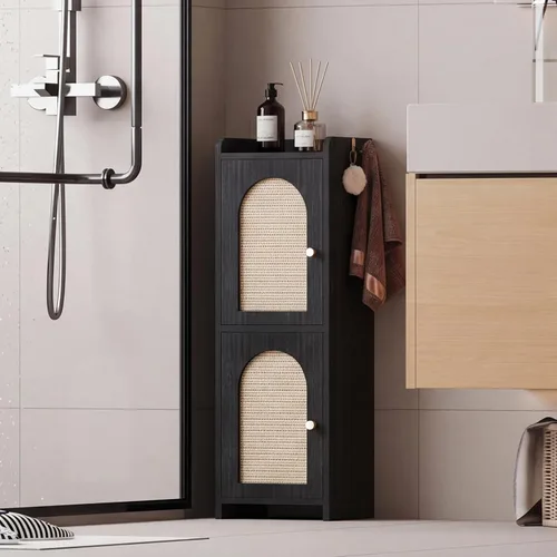 Vista 5 de Arbuxzuy Gabinete de almacenamiento de baño de ratán con 2 puertas y Ratán negro