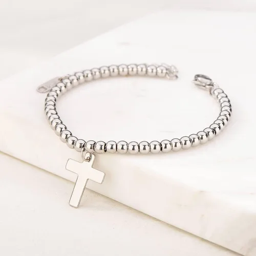 Vista 2 de Pulsera de cuentas de oro para mujer, cadena de cuentas de oro chapada en oro de 14 quilates con cruz y cadena de cola ajustable (2.16 pulgadas)