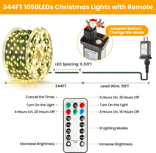 Vista 6 de Larkvue - Tira de luces de 344 pies con 1050 LEDs y control remoto, luces de hadas regulables con 8 modos, temporizador y función de memoria