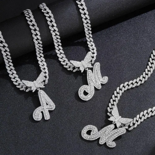 Vista 6 de Cadena de eslabones cubanos de plata para mujeres y hombres, letra inicial personalizada, collar personalizado, collar de diamantes de cadena
