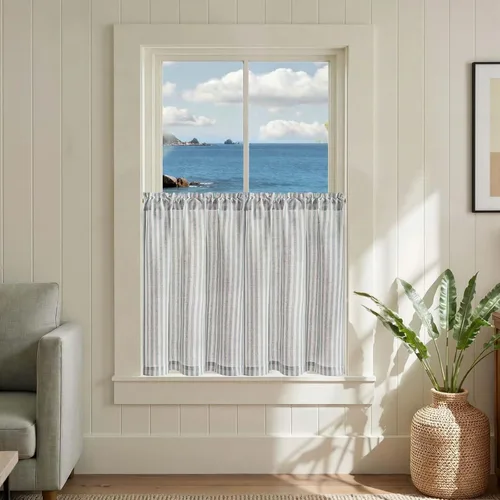Vista 19 de Jinchan - Cortinas de lino a rayas para cocina, 24 pulgadas, beige, 2