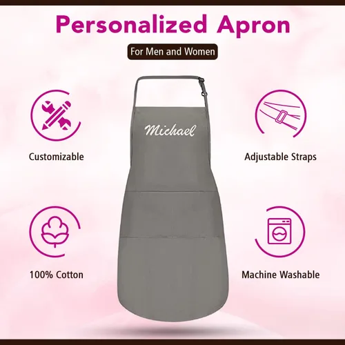 Vista 2 de Delantales personalizados para hombres y mujeres Delantal personalizado con nombre bordado y bolsillos para cocina, pintura, manualidades, salón