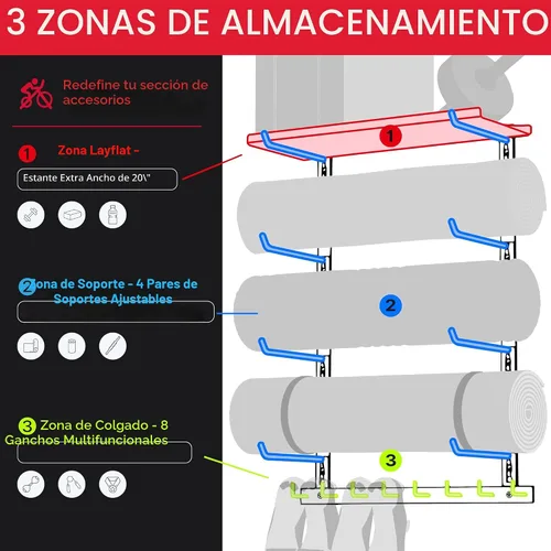 Vista 2 de Solo Estante de Almacenamiento para Gimnasio en Casa, Organizador Ajustable de Equipo de Gimnasio Montado en la Pared con 1 Tablero, Soporte