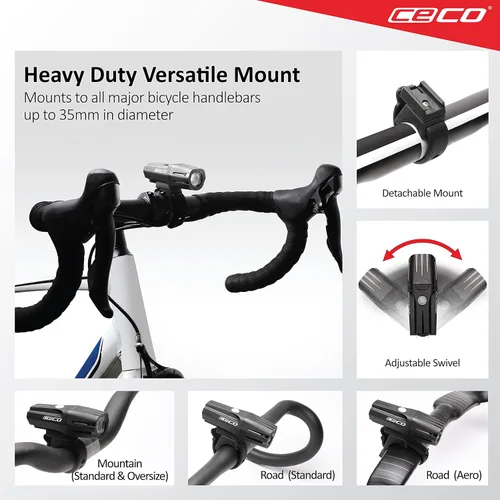 Vista 6 de CECO -Estados Unidos: Luz de bicicleta recargable USB de 1.200 lúmenes - Resistente y duradera IP67 impermeable y resistente a los impactos FL-1
