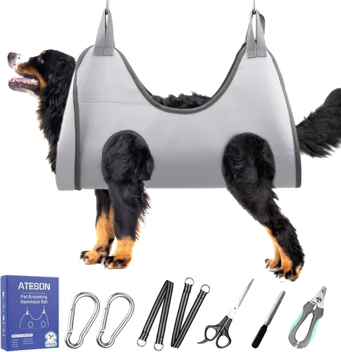 Vista 14 de Hamaca de aseo para mascotas para perros y gatos pequeños – Eslinga para recortar uñas con cortaúñas, lima de uñas y tijeras – Arnés de aseo