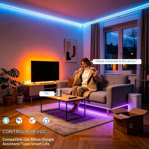 Vista 3 de MIWISE Tira de luces LED RGB COB 9.84 pies/3m, tira de luz de cambio de color regulable DC24V, compatible con Alexa/Google Assistant/Tuya, cinta