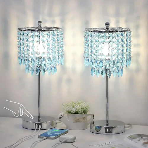 Vista 8 de Juego de 2 lámparas de mesa de cristal, lámpara de mesa de noche regulable de 3 vías con 2 puertos de carga USB, lámpara de noche dorada