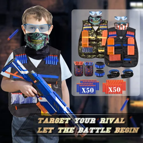 Vista 7 de Paquete de 2 chalecos tácticos para niños, juego de pistolas Nerf N-Strike Elite Series Wars con dardos de repuesto, clips de recarga, bolsa