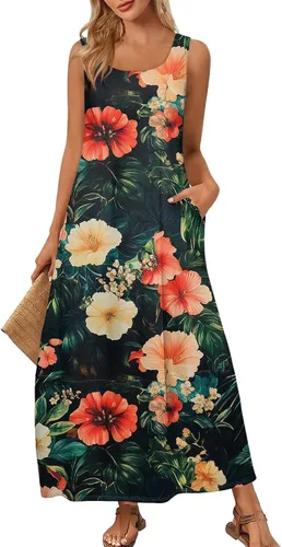 Vista 42 de Vestidos de iglesia para mujer 2025, casual, holgado, sin mangas, largo, fluido, vestido de verano con bolsillos