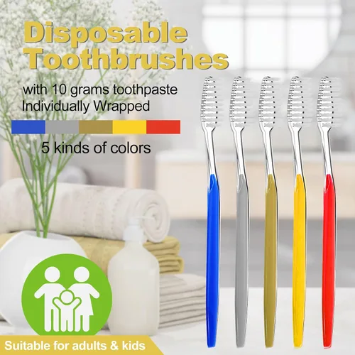 Vista 2 de Cepillos de dientes desechables con pasta de dientes envueltos individualmente, 5 colores, cepillo de dientes a granel y pasta de dientes, 0.35 oz