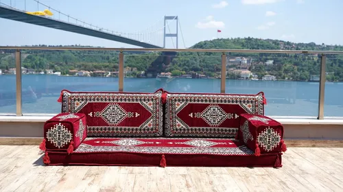 Vista 2 de arabicsofa Sofá de asiento de piso árabe granate - Juego Majlis hecho a mano para habitación de invitados