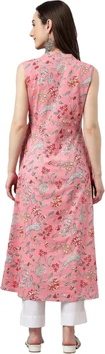 Vista 7 de Janasya Angrakha Kurta de algodón rosa con estampado floral para mujeres indias