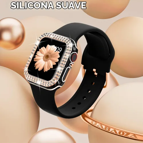 Vista 4 de DABAOZA Compatible con Apple Watch de 1.496 pulgadas con funda de parachoques con purpurina, correa ajustable de silicona negra, suave y cómoda