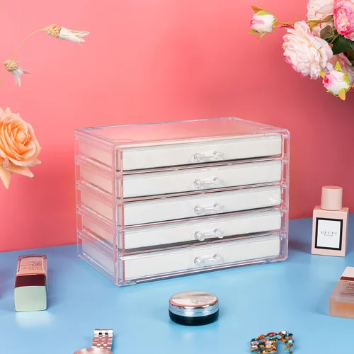Vista 7 de BeShiny Organizador de joyas de acrílico con 5 cajones, caja de joyería transparente para mujeres y niñas, organizador de joyas de terciopelo