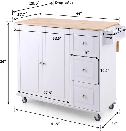 Vista 6 de PHI VILLA Carrito de isla de cocina con ruedas - Isla de cocina móvil con hoja caída, mesa de cocina enrollable con almacenamiento