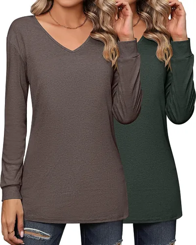 Vista 3 de Riyiper 2 camisetas de manga larga para mujer, cuello en V, lisas, casuales, holgadas, camisetas
