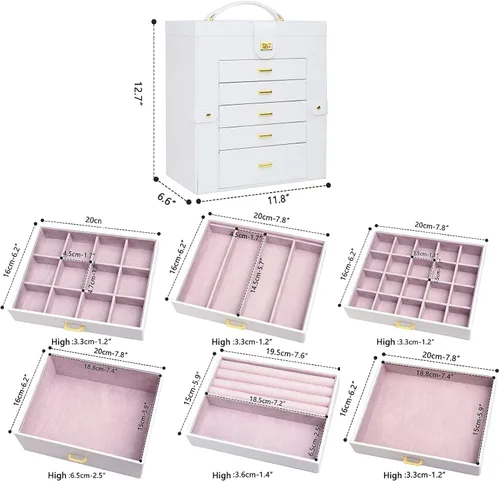 Vista 3 de AKOZLIN - Organizador de joyería extra grande de 6 niveles con espejo, estuche de joyería de cuero con 5 cajones para mujeres y niñas, para anillos