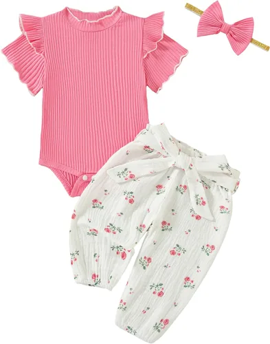 Vista 15 de SUNNY PIGGY Ropa para bebé recién nacida, 4 piezas, lindos trajes de otoño Rosa (Bow Pink)