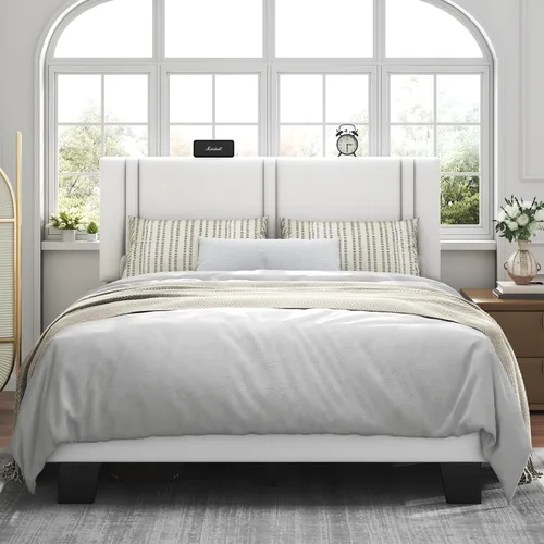 Vista 8 de Feonase Base de cama individual con plataforma doble, marco de cama individual tapizado en terciopelo, listones de madera maciza y soporte para pies