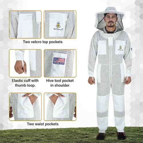 Vista 6 de BeeProGear 3-Layer Ventilated Mesh Beekeeping Suit for Men & Women - Sting Proof Full Body Suit with 2 Veils, Gloves & Bag