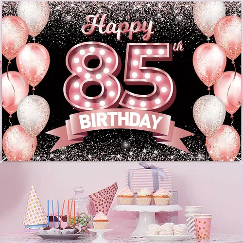 Vista 374 de Cartel de feliz cumpleaños décimo oro rosa, telón de fondo, saludos a 10 años, globos de confeti, decoración temática para niñas de 10 años