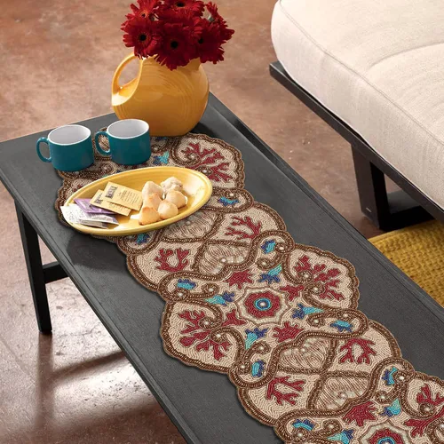 Vista 6 de Glitz Farmhouse Decor Camino de mesa – 36 x 13 pulgadas, color granate, azul, dorado, con múltiples cuentas para Navidad y despedidas de soltera