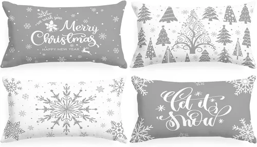 Vista 9 de Lanpn Fundas de Cojín Lumbar Navideñas de 12x20, 4 piezas, Blanco y Negro Feliz Navidad Xmas Invierno Copo de Nieve Fundas de Almohada de Cojín